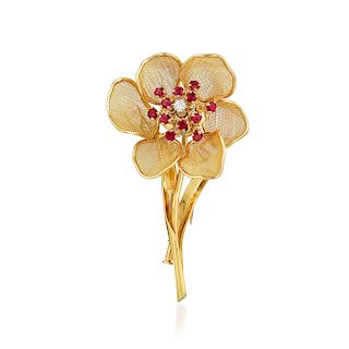 An 18K Gold Ruby and Diamond Day and Night Flower Pin