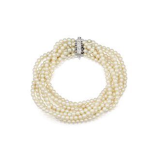 A Multi-Strand Cultured Pearl Bracelet with a Platinum Diamond Clasp