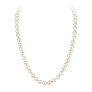 A Cultured Pearl Necklace with an 18K Gold Diamond and Emerald Clasp/Pin