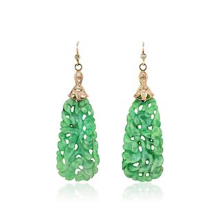 A Pair of 14K Gold Carved Jade and Diamond Earrings
