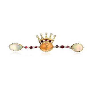 Antique 18K Gold Jelly Opal Ruby and Diamond Pin