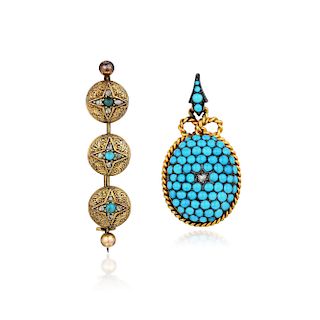 Antique Gold Turquoise and Diamond Pendant and Pin