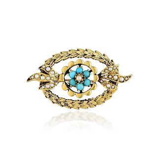 Antique Gold Turquoise and Pearl Pin