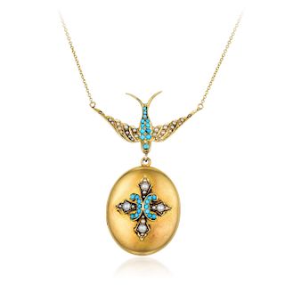 Antique 14K Gold Pearl and Turquoise Bird Locket Necklace