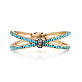 Victorian 14K Gold and Silver Turquoise and Diamond Bracelet