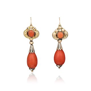 A Pair of 14K Gold Coral and Enamel Drop Earrings