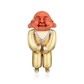 A 14K Gold Carved Coral and Diamond Monk Pin