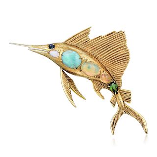 Gilbert 14K Gold Opal Multi-Gem Swordfish Brooch