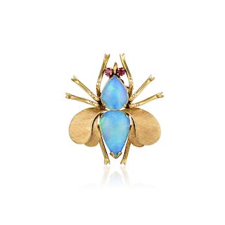 A 14K Gold Opal and Ruby Insect Pin