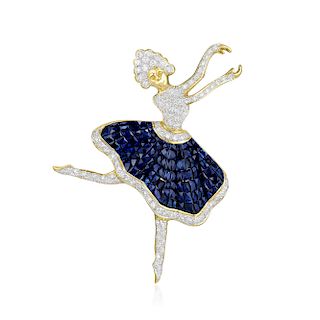An 18K Gold Diamond and Sapphire Ballerina Brooch