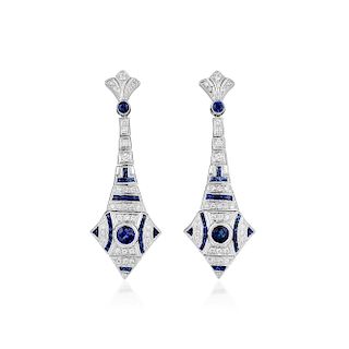 A Pair of 14K Gold Diamond and Sapphire Pendant Earrings