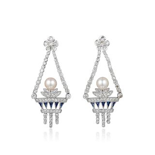 A Pair of Platinum Diamond Sapphire and Pearl Earrings