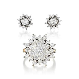 A Gold Diamond Earring and Ring Set