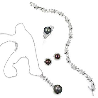 A Group of White Gold Diamond and Pearl Jewelry