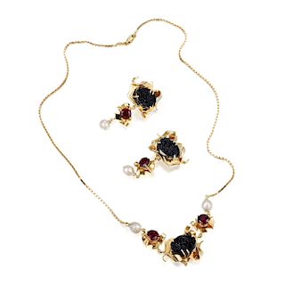 A Suite of 14K Gold Druzy Garnet and Cultured Pearl Jewelry