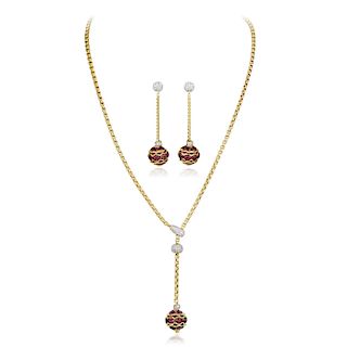 David Yurman 18K Gold Rhodolite Garnet and Diamond Earring and Necklace Set