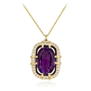 A 14K Gold Amethyst and Diamond Pendant Necklace