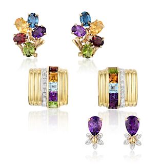 A Group of 14K Gold Diamond and Multi-Gem Earrings