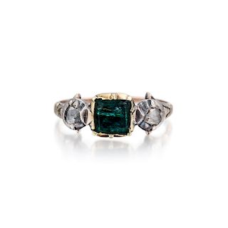 Georgian 14K Gold and Silver Emerald and Diamond Ring
