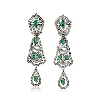 A Pair of Silver-Topped 14K Gold Emerald and Diamond Earrings