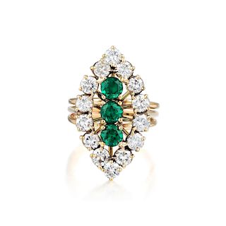 A 14K Gold Synthetic Emerald and Diamond Ring