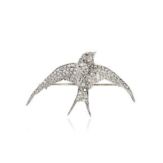 Antique Silver-Topped 18K Gold Diamond and Ruby Swallow Pin