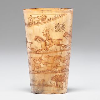 An Extremely Fine Horn Cup with Engraved Hunt Scene