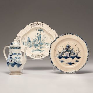 English Chinoiserie Pearlware Coffee Pot, Plate and Dish