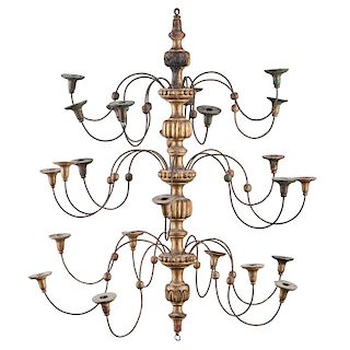 Carved and Turned Triple Tiered Gilt Chandelier