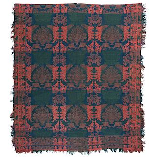 Ohio (Attributed) Jacquard Coverlet in Three Colors with Birds and Christian and Heathen Town Border
