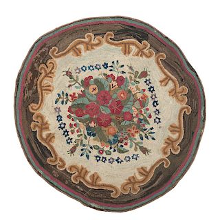 Round Hooked Rug with Floral Motif