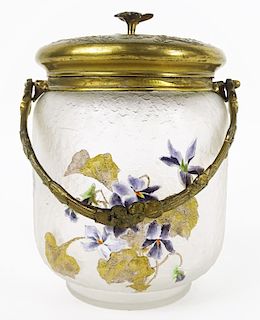 Antique French Enameled Floral Glass Biscuit Jar