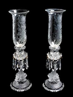 * A Pair of Saint Louis Frosted Glass Candlesticks Height 21 inches.