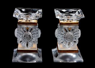* A Pair of Lalique Molded and Frosted Glass Candlesticks Height 5 1/4 inches.