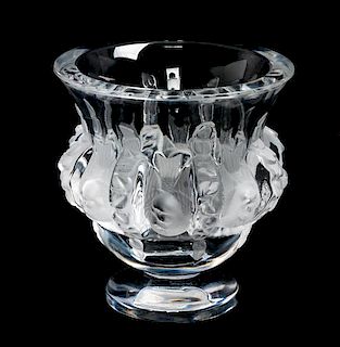 * A Lalique Molded and Frosted Glass Vase Height 4 3/4 inches.