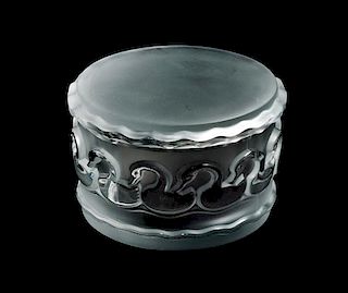 * A Lalique Molded and Frosted Glass Lidded Box Height 2 1/2 inches.