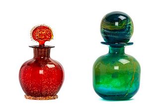 Two Art Glass Perfume Bottles Height of taller 6 1/2 inches.