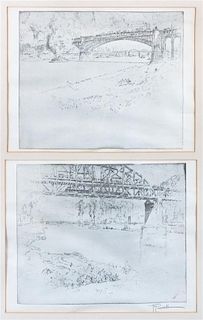 * Joseph Pennell, (American, 1857-1926), Two works: Bridge and Eads Bridge, framed together