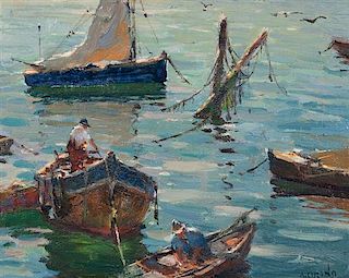 Antonio Cirino, (American, 1889-1983), Boats in Harbor