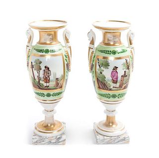 A Pair of Old Paris Gilt and Polychrome Urns Height 9 inches.