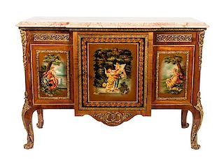 * A Louis XVI Style Marble-Top Commode Height 34 1/2 x width 49 x depth 20 inches.