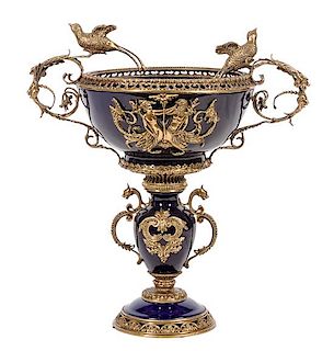 * A Cobalt and Gilt Metal Pedestal Compote Height 25 x width over handles 24 inches.