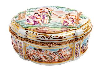 * A Capodimonte Porcelain Lidded Box Height 3 1/2 x width 8 1/2 x depth 6 3/4 inches.