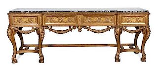 An Italian Giltwood Marble Top Sideboard Height 36 x width 96 1/2 x depth 24 inches.