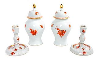 * A Pair of Herend Porcelain Lidded Jars Height of taller 10 1/2 inches.