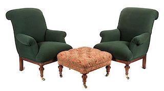 A Pair of Upholstered Roll Back Armchairs Height of chair 39 inches.