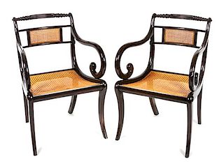 * A Pair of Regency Style Lacquered Armchairs Height 33 inches.
