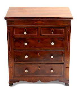 * A Miniature Marquetry Decorated Mahogany Chest Height 15 x width 12 x depth 6 inches.