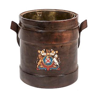 A Leather Pail Height 14 x diameter 12 inches.