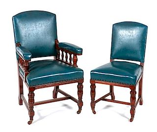 A Set of Six Leather Upholstered Chairs Height of armchair 40 3/4 inches.